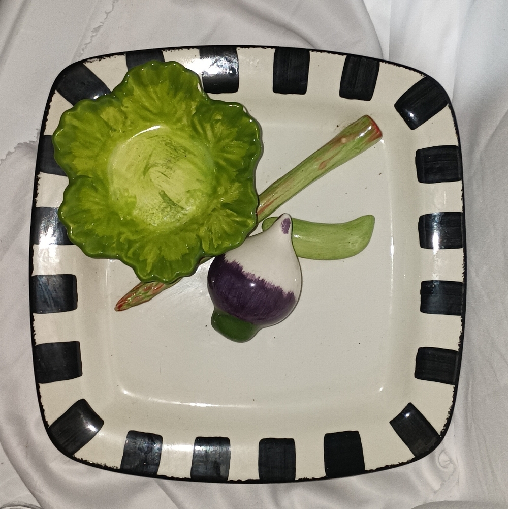 Vintage California 3D Pottery Black & White Checkered Veg. Serving Tray Platter
